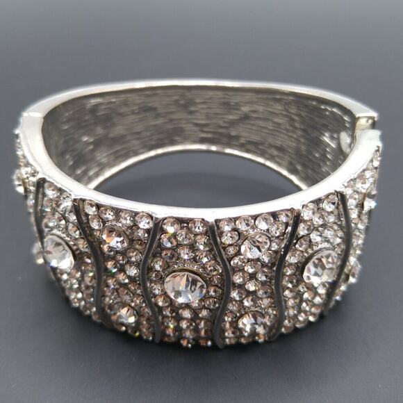 Wide Clear Rhinestone Cuff Hinged Bracelet, Silver Tone, 7 1/2 Inches - Picture 7 of 8